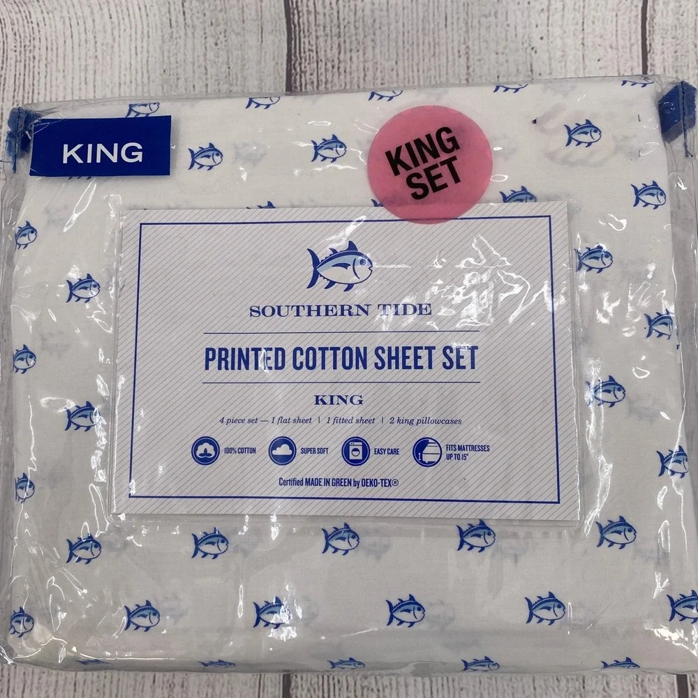 Southern Tide Skipjack Sheet Set King White Blue 100% Cotton Percale Coastal